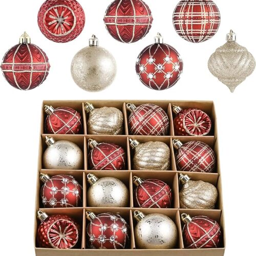 1 16ct Burgundy and Gold Shatterproof Christmas Tree Decorations Bulk