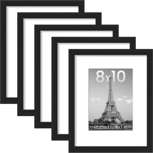 1 8x10 Picture Frame Set of 5, Display Pictures 5x7 with Mat or 8x10 Without Mat, Wall Gallery Photo Frames, Black