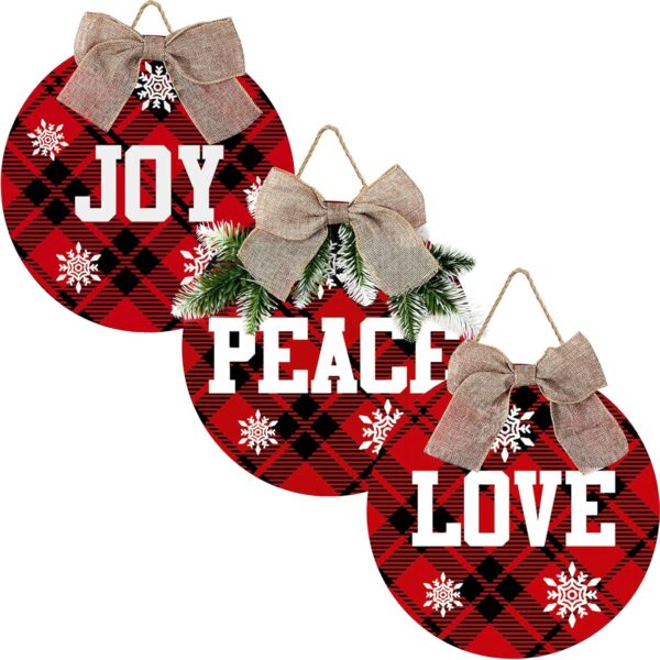 3 Pieces Christmas Hanging Sign Decorations Peace Joy Love Sign Buffalo Check Plaid Wreath 1