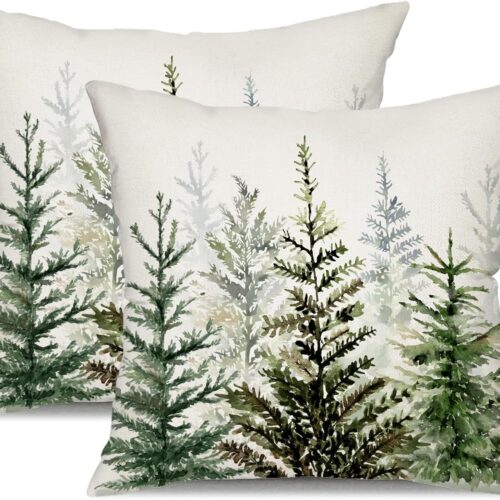 1 Christmas Pillow Covers 18x18 inch Set of 2 Watercolor Blue Green Christmas Tree