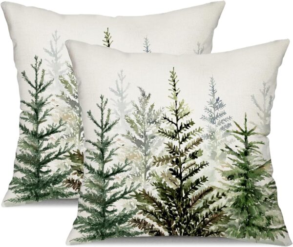 Christmas Pillow Covers 18x18 inch Set of 2 Watercolor Blue Green Christmas Tree 1