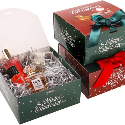 1 Christmas Gift Box with Ribbon,12 Pack 6.7x6.7x3.5 Inches Santa Elf Snowman Elk Xmas Cardboard