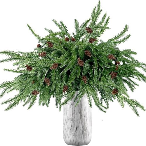 1 10 Pcs Christmas Norfolk Pine Branches with Pine Cones Artificial