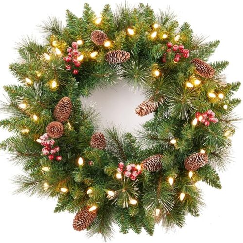 1 24 Inch Artificial Pre-Lit Christmas Wreath, Mixed Pine Decorated Frosted Berries