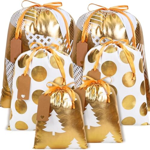 6pcs Gold Drawstring Xmas Wrapping Sacks Assorted Sizes
