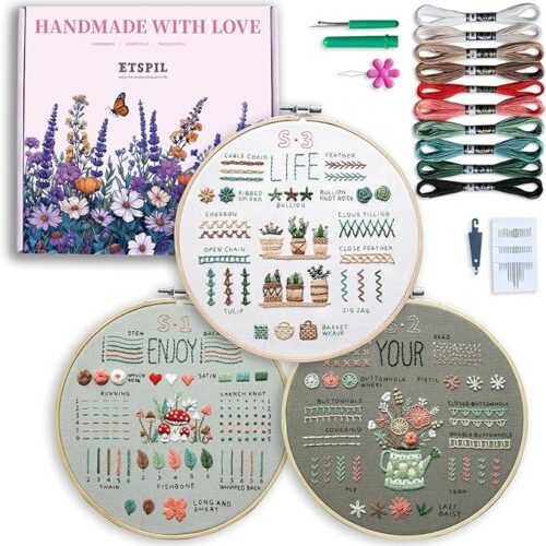3 Pack Beginner Embroidery Kits for Adults DIY Starter Kit with 33 Stitch Techniques