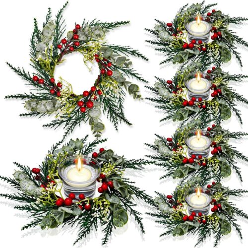 1 Christmas Candle Rings Artificial Red Berries Snowy Pine Needles Garland (4 Pcs)