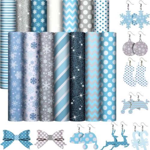 14 Pieces Christmas Winter Leather Sheets Glitter Faux 8.3 x 6.3 Inch (Multiple Style)