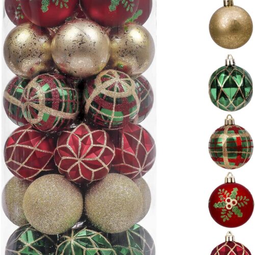 1 Christmas Ornaments Set, 30ct Red Green and Gold Shatterproof