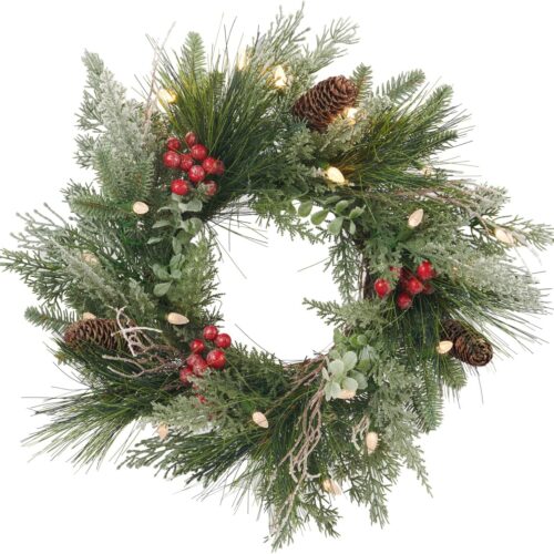 1 Pre-lit Christmas Wreath for Front Door, Flocked Branches, 30 Inch Battery Operated 50 LED Lights