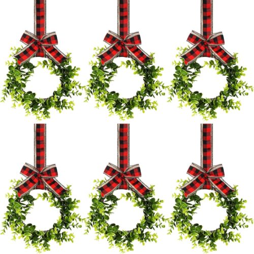 1 6 Pcs Christmas Kitchen Cabinet Wreaths Decorative 21.3 x 8.7 Inch (Dual Red Black Plaid with Linen)