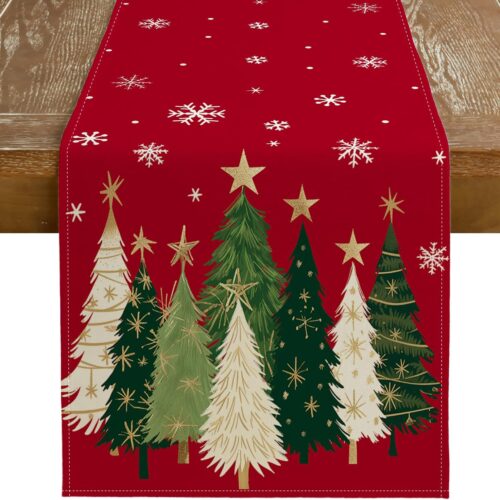 1 Christmas Table Runner 13x72 Inch Xmas Trees Snowflakes Winter Holiday (Red)