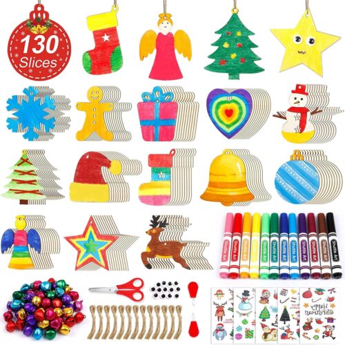 360 PCS Wooden Christmas Ornament Kit, 130 Unfinished Wood Slices with 13 Styles, 130 Jute Twine, 12 Colors Washable Markers, 50 Bells