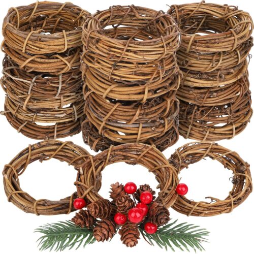 1 24 Pieces Grapevine Wreaths Vine Branch Wreath Natural Christmas Rattan Wreath, 4 Inch