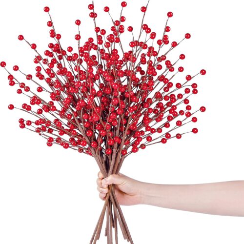 1 15 Pcs Artificial Red Berry Stems Christmas Red Berries Holly Berry Branches (Red)