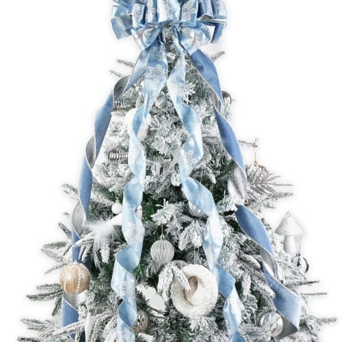 1 Dusty Blue and Silver Christmas Tree Topper Bows 13 x 53 Inch Large Christmas Bows with Streamer and Snowflake Patterns