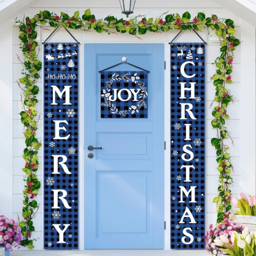 1 3 Piece Merry Christmas Porch Signs Christmas Buffalo Plaid Porch Banner (Blue and Black)