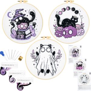 Skull Cat Stamped Cross Stitch Kit for Adult Beginner 3 Set Embroidery Hoops