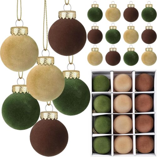 1 12 Pcs Velvet Christmas Ornaments Flocked Ornaments Holiday Ball Ornaments (Brown, Green, Beige, 6 cm)