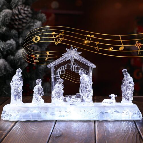 1 13 Inch Nativity Sets Indoor Decor for Christmas LED Acrylic Clear Lighted Musical Nativity Scene People Set
