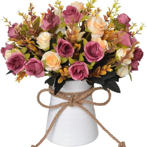 1 Artificial Flower in Vase, Ceramics Vase with Silk Flower Arrangements Table Centerpieces (Brown)