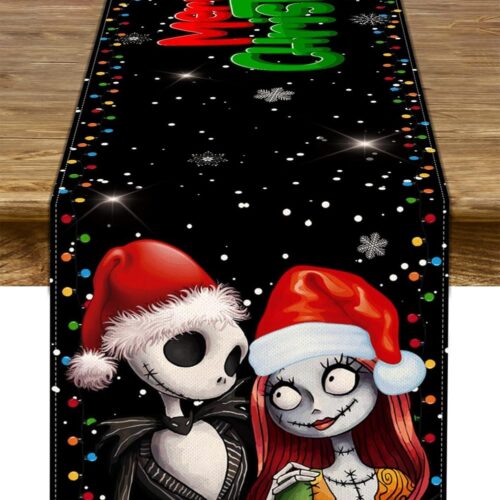 1 Merry Christmas Table Runner The Nightmare Before Christmas Jack Skellington and Sally Birthday Party Decoration (Black, 13" x 90")