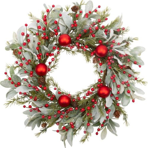 20 Inch Christmas Wreath Winter Wreath with Lambs Ear Leaves Artificial Door Wreath