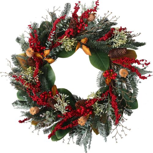 24" Christmas Wreaths for Front Door, Various Red Berries & Magnolia Leaves Pinecones