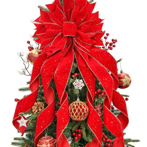 1 Christmas Tree Topper,33x13 inches Large Toppers Bow with Snowflake Pattern for Christmas Decoration (Red)