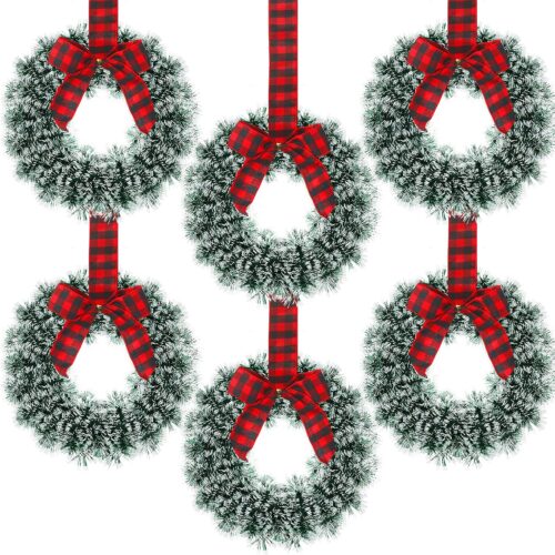 6 Pcs Christmas Wreaths with Bow 10.24 Inch Buffalo Plaid Tinsel Wreaths
