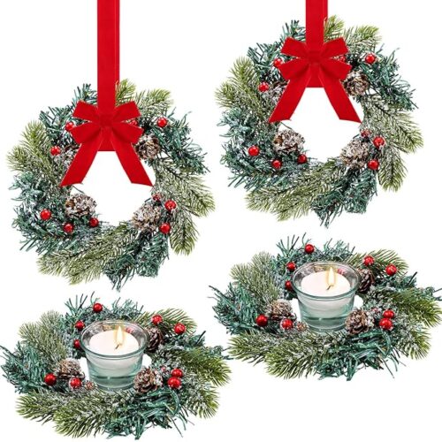 4 Pieces Christmas Candle Rings Wreaths Small Christmas Kitchen Cabinet Wreaths
