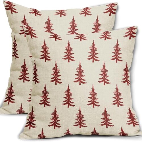 Christmas Tree Pillow Covers 18x18 Set of 2 Red Xmas Rustic Style Winter Print