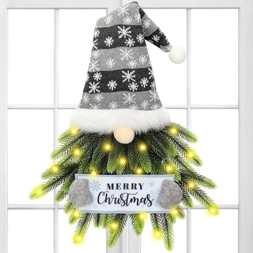 Christmas Wreath for Front Door, Lighted Gnome Christmas Door Wreath