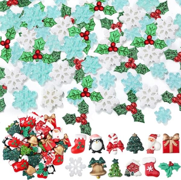 200 Pcs Christmas Resin Flatback Charms Mini Triple Leaf Holly Berries Embellishments 1