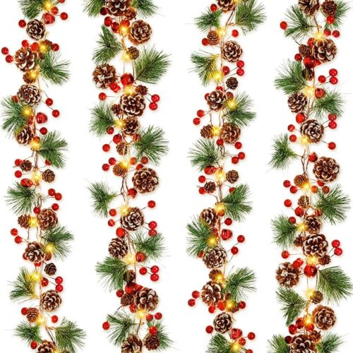 2 Packs Christmas Garland with Lights, Total 13.2 Ft 40 Led Lighted Christmas Garland