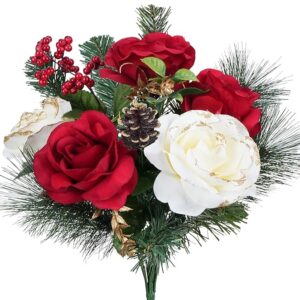 Artificial Christmas Flowers Faux Rose Bouquets Red Rose with Berries