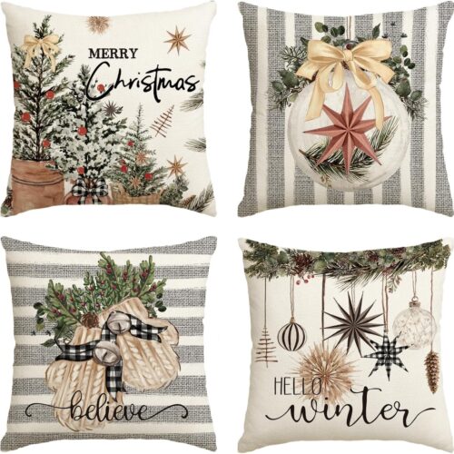 Merry Christmas Balls Eucalyptus Holly Berries Gloves Throw Pillow Covers, 18 x 18 Inch Set of 4