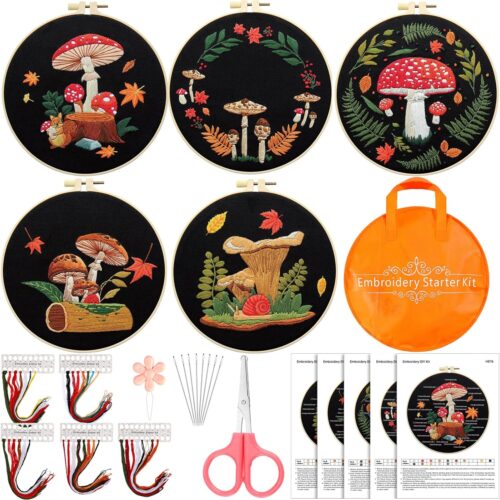 5 Sets Mushroom Embroidery Kit with Pattern and Instruction for Beginners Fall Christmas Cross Stitching