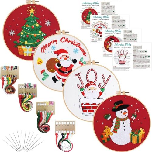 4 Set Christmas Embroidery Kits for Beginners,Cross Stitch Kit for Adults