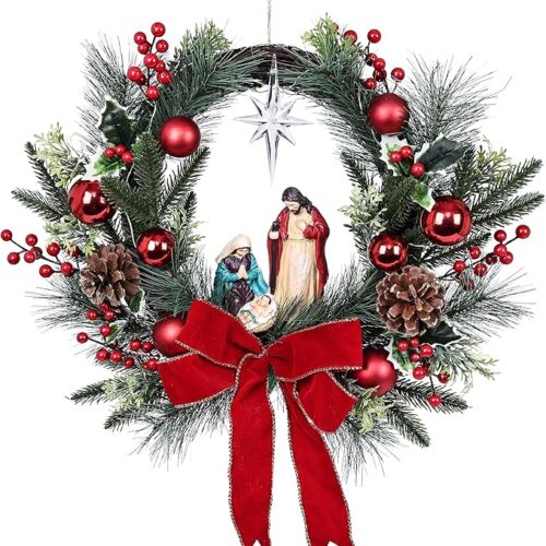 Christmas Wreath with LED Lights Jesus Nativity Scene Garland
