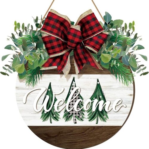 1 Front Door Sign Christmas Tree Wooden Door Hanger with Bow Wreaths for Christmas