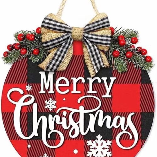 Merry Christmas Sign for Front Door, 3D Buffalo Plaid Christmas Sign with Burlap Bow-Knot, Christmas Wreath for Front Porch Farmhouse Window Wall Indoor Outdoor Decorations (snow)
