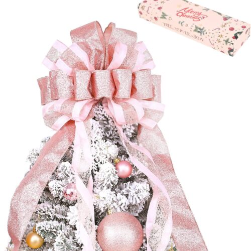 Christmas Tree Topper Bow with Streamers,48x13 Inches Large Toppers Bow for Xmas Home Decor (Rose Gold)