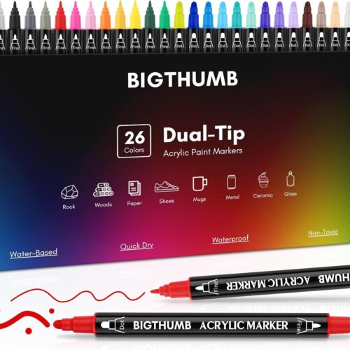 26 Colors Acrylic Paint Pens, Dual Tip Acrylic Paint Markers with Fine Tip and Dot Tip