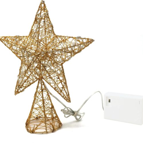 Gold Tree Top Star with Warm White LED Lights and Timer for Christmas Ornaments and Holiday Seasonal Décor, 8 x 10 Inch