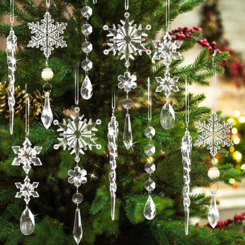 18pcs Crystal Christmas Ornaments for Tree Decorations-Hanging Acrylic Snowflake Icicle Ornaments with Drop Pendants