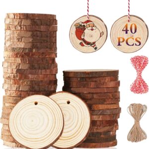 Natural Wood Slices 40pcs 2"-2.4" Unfinished DIY Crafts Predrilled with Hole Round Wooden Circles
