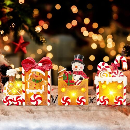 1 LED Christmas Snowman Train Figurines Decor with Candy Cane Gingerbread Man