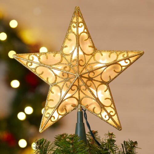 1 9.5 in Plug in Golden Glittered 3D Star Tree Topper, Metal Hollow Designed Built-in 10 Bulbs String Lights