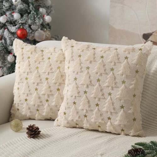 Christmas Pillow Covers 18 x 18 inch Set of 2 Beige Christmas Tree Pillow Covers